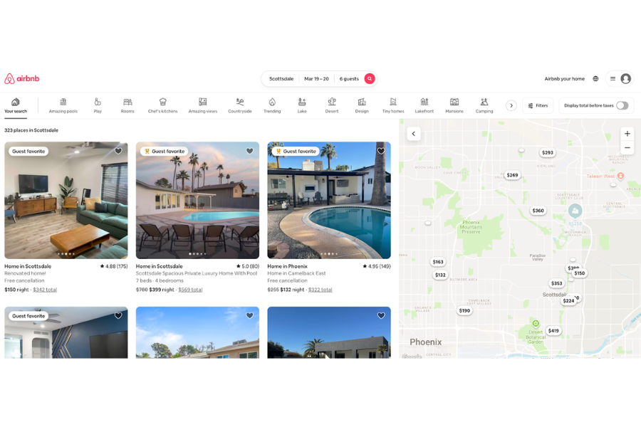 Screenshot of available Airbnbs in Scottsdale, AZ