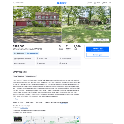 Screenshot of a foreclosure listing on Zillow